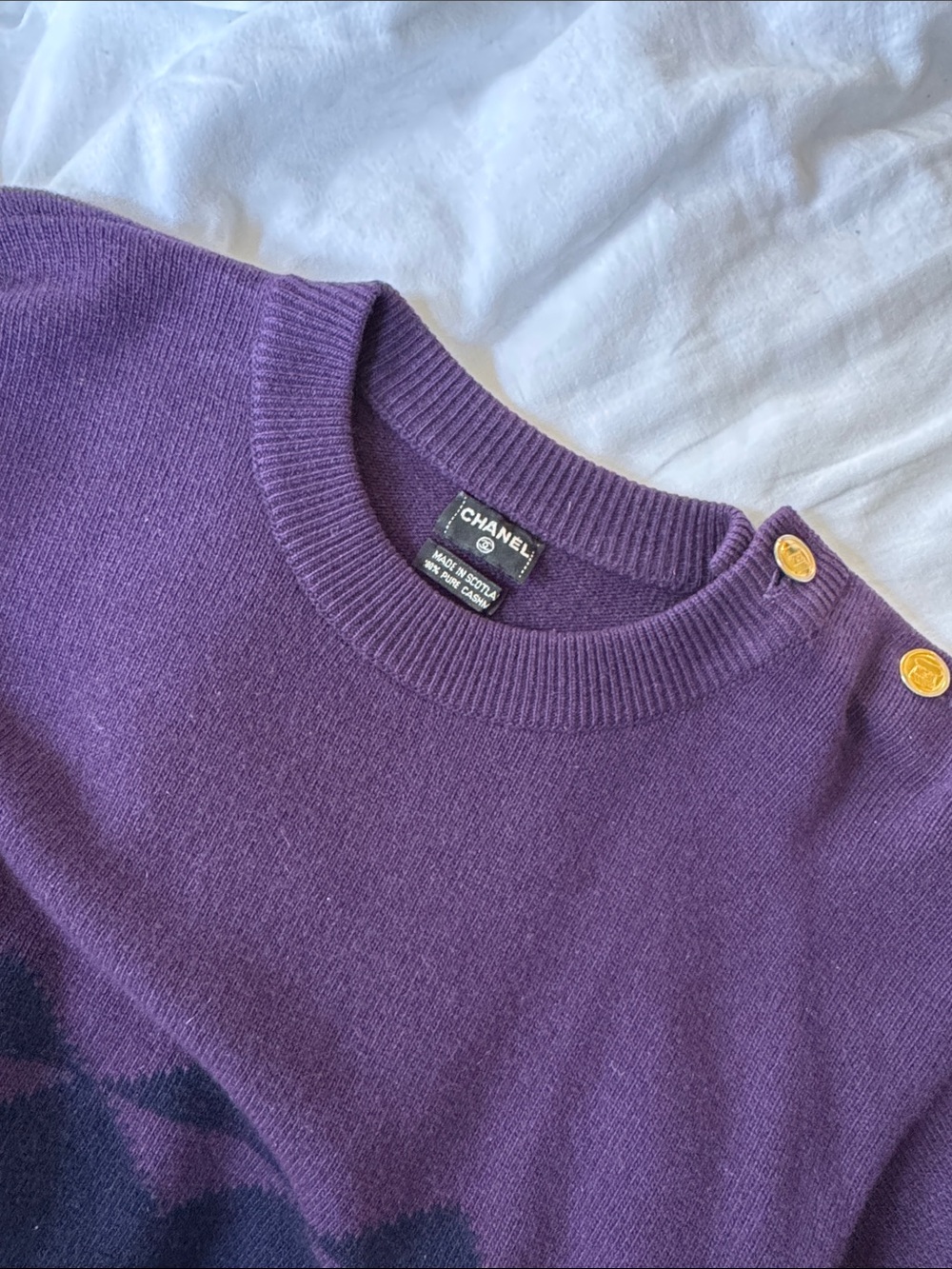 Vintage CHANEL Purple & Navy Cashmere Crewneck Sweater with Gold Buttons